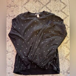 Victoria’s Secret Black Bow Print Thermal Henley Pajama Set Waffle XL